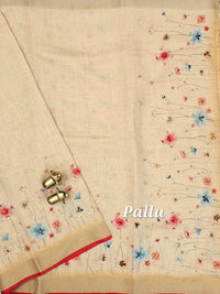 Linen Tissue Hand Brushed Floral Pattern with Thread Knot Work Sarees -  Pastel Yellow