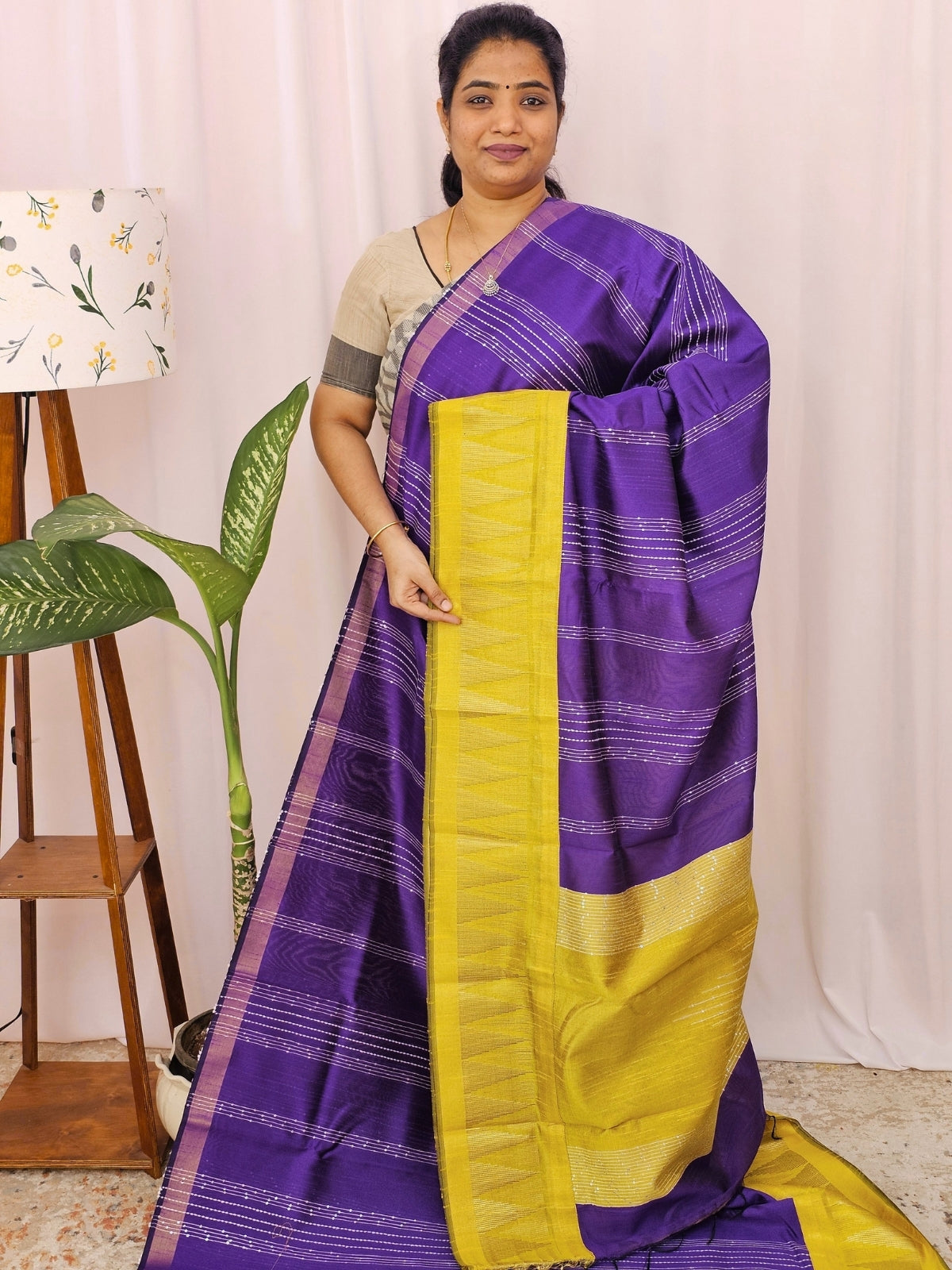Semi Raw Silk Saree - Purple with Yellow
