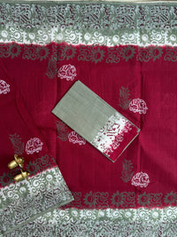 Pure Cotton with Checks Hand Block Prints - Red with Grey