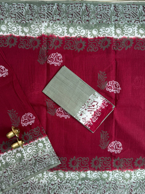 Pure Cotton with Checks Hand Block Prints - Red with Grey