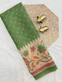 Linen Tissue with Digital Printed Sarees - Green
