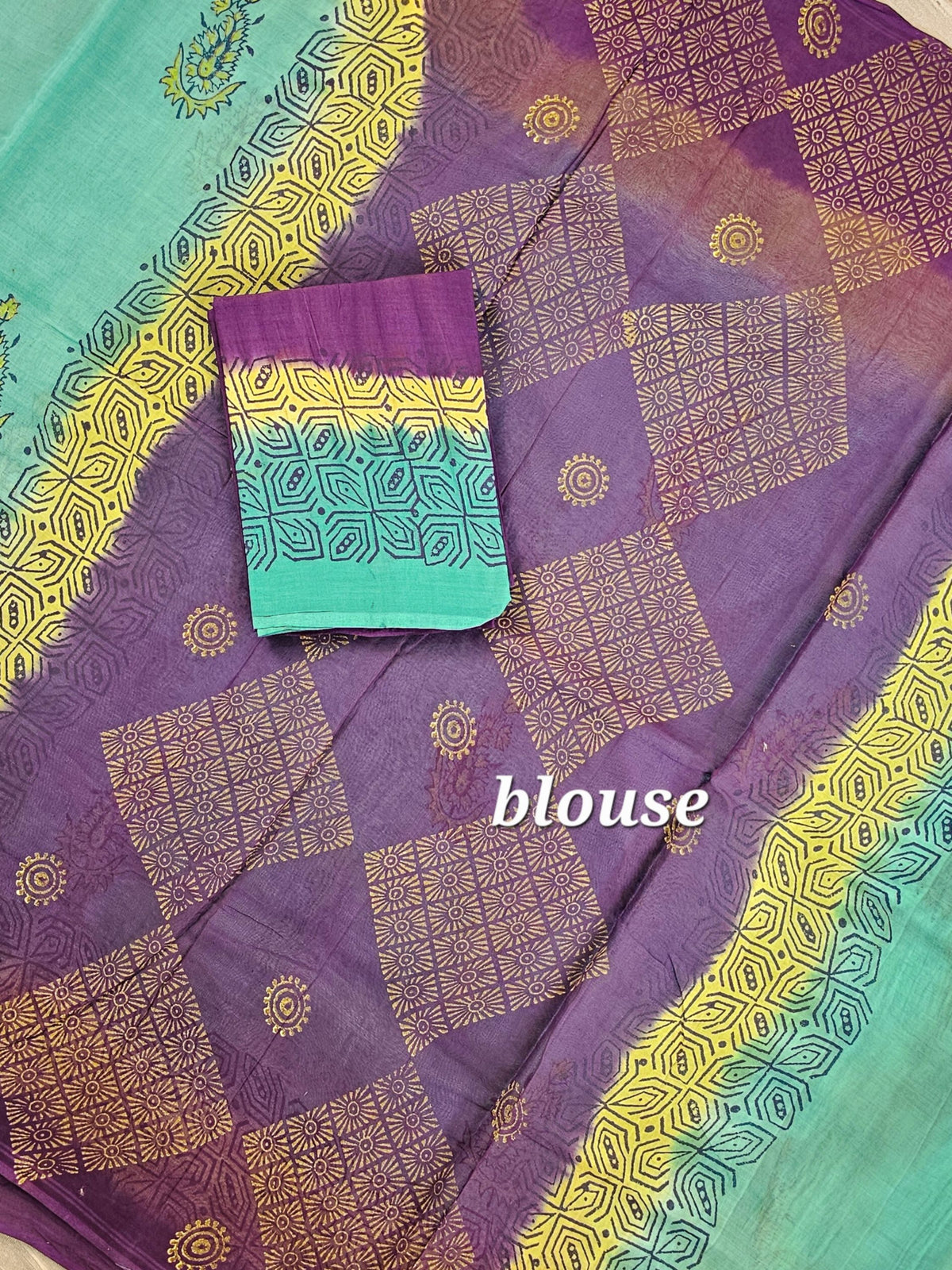 Pure Cotton with Hand Block Prints - Sea Green with Purple