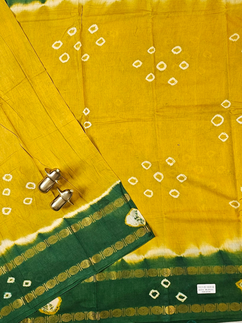 Madurai Sungadi Cotton Saree - Mustard Yellow with Green