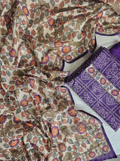 Chanderi with Kantha Unstitched Salwar Suit - Purple