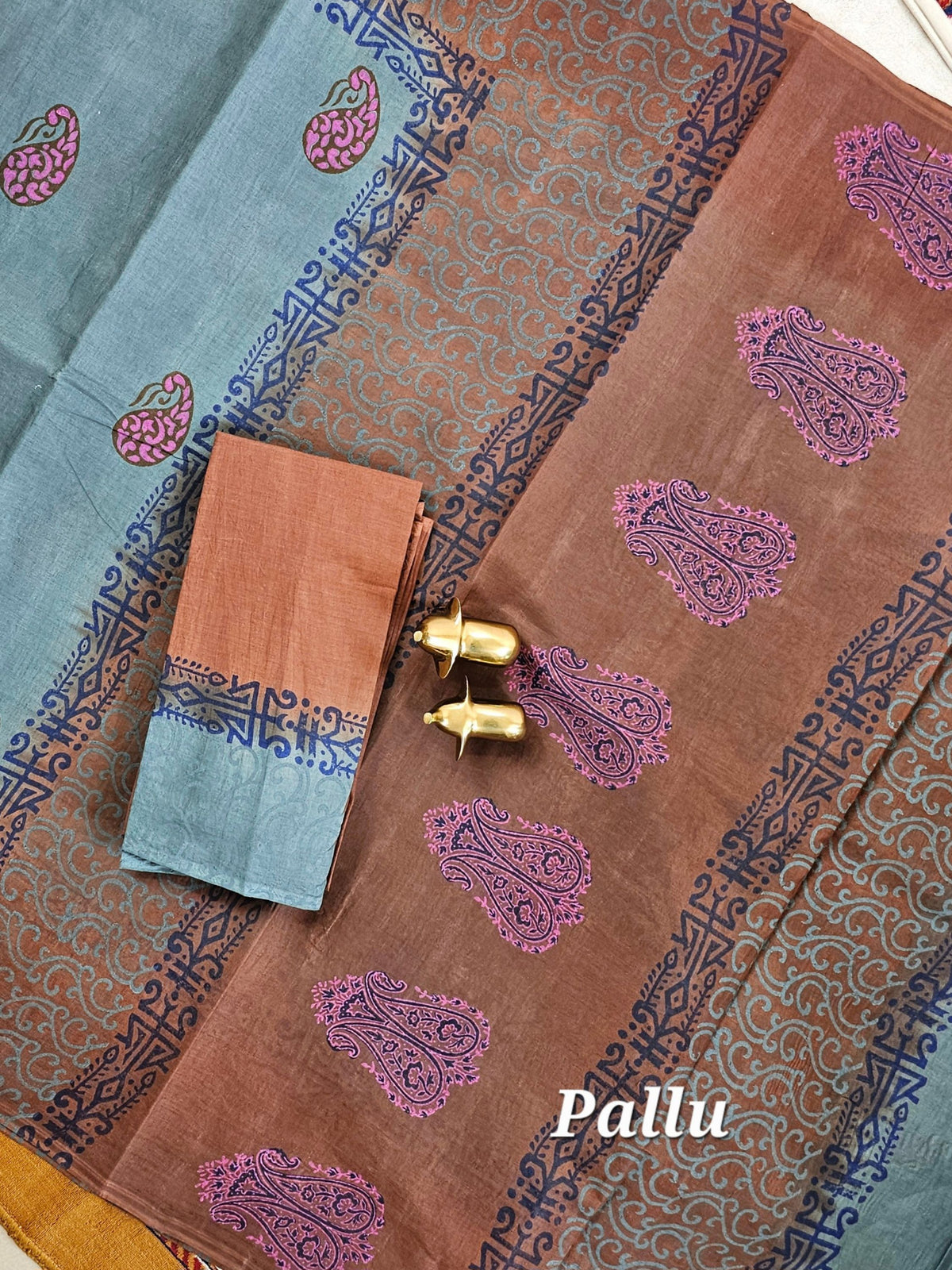 Pure Cotton with Hand Block Prints - Dark Teal Green with Brown