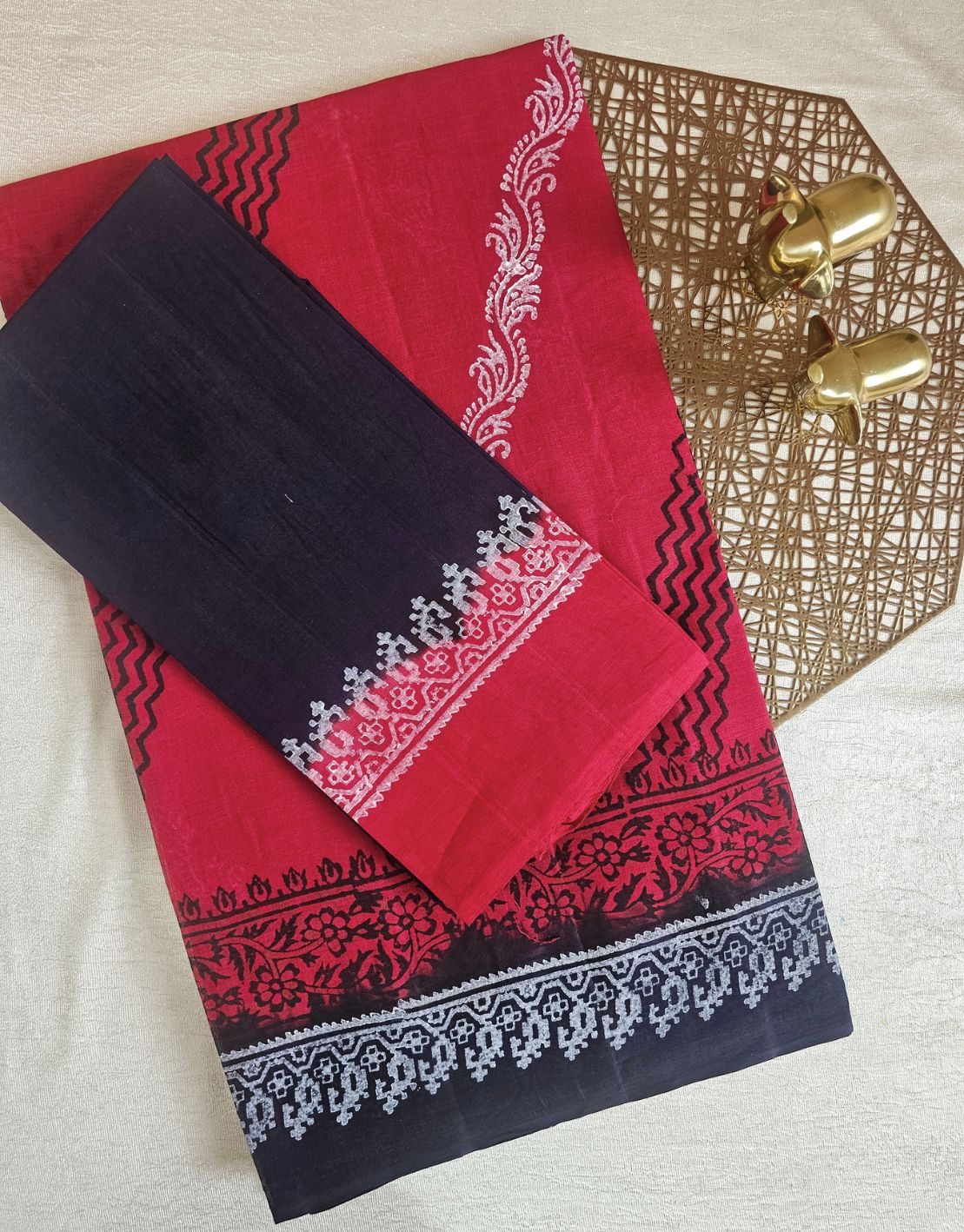 Pure Cotton with Hand Block Prints - Red with Black