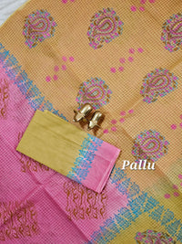 Pure Cotton with Checks Hand Block Prints - Pink with Mustard Yellow