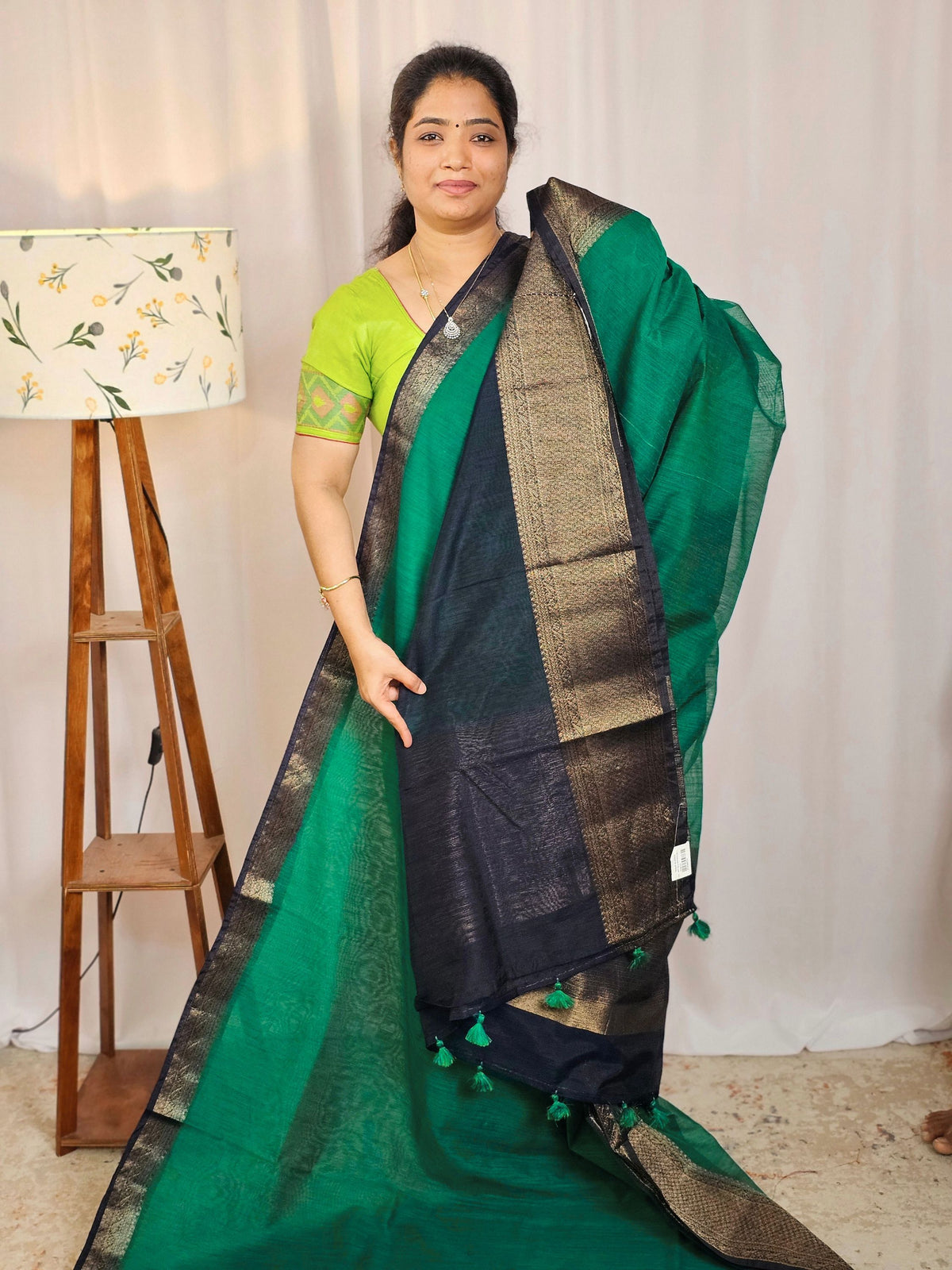 Jute Banarasi Saree - Peacock Green with Blue