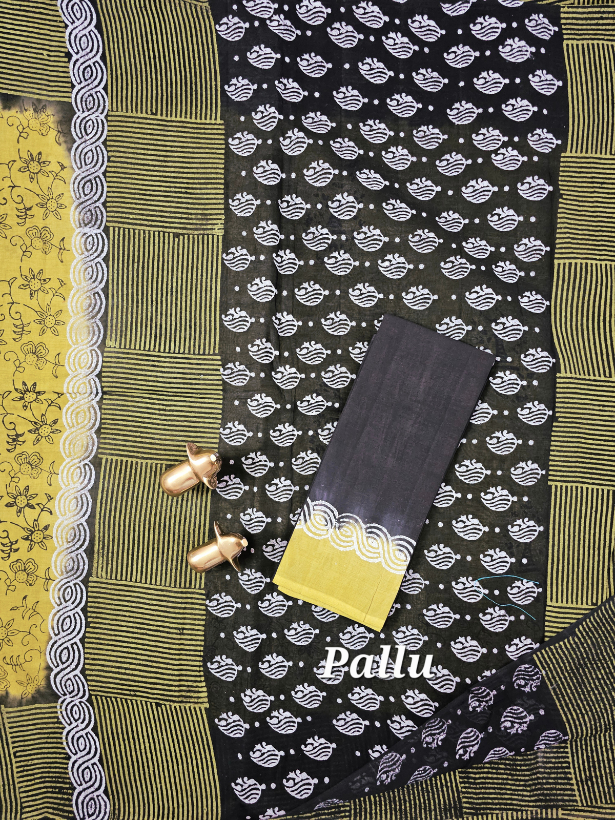 Pure Cotton with Hand Block Prints - Mehndi Green with Black