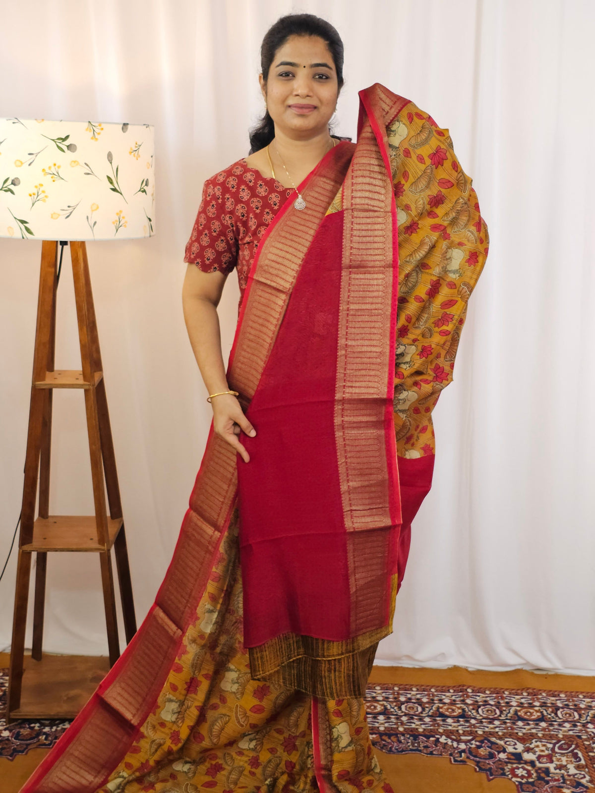Pure Chanderi Butter Silk - Mustard Yellow with Red
