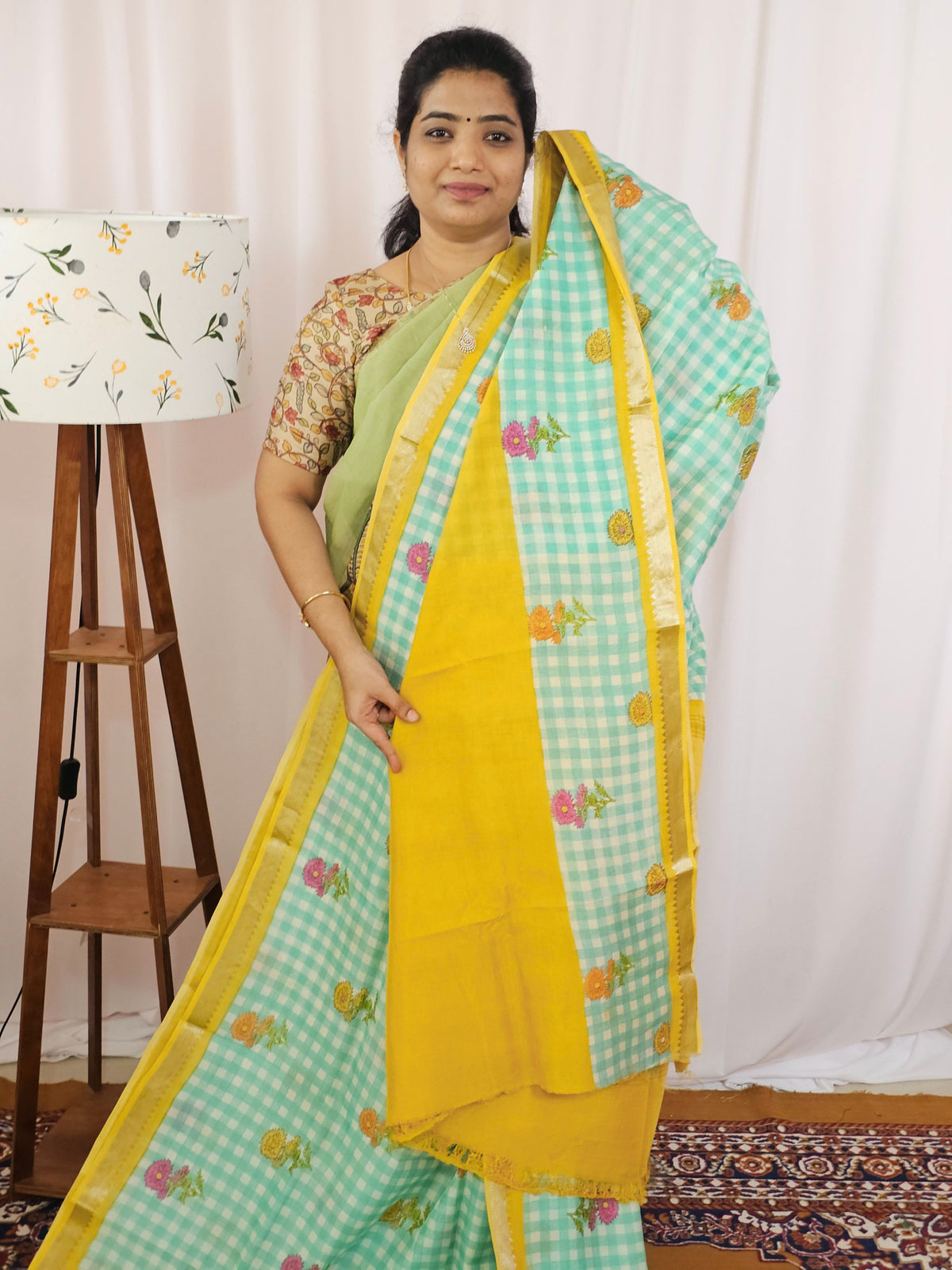 Handwoven Mangalagiri Pattu Saree with Digital Prints  - Sea Green with Mustard Yellow