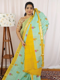 Handwoven Mangalagiri Pattu Saree with Digital Prints  - Sea Green with Mustard Yellow