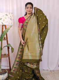 Premium Jute Blend Tussar with Paithani Weaving Border - Mehndi Green