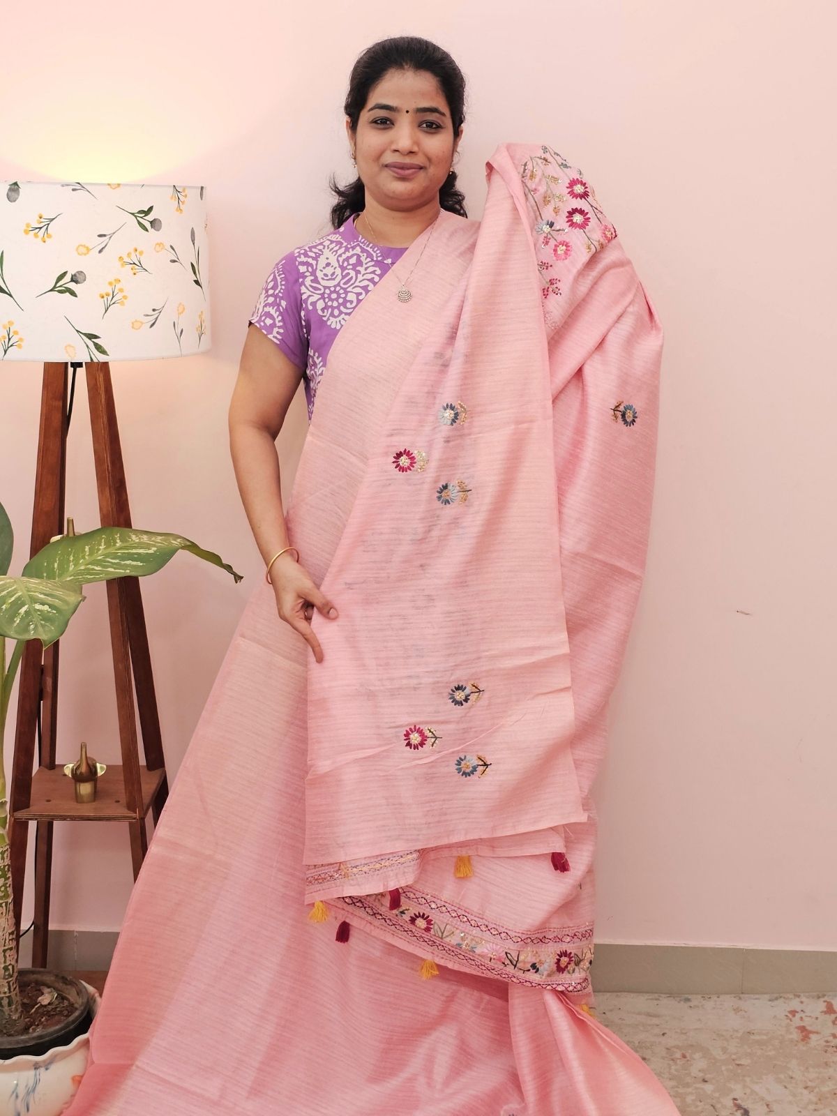 Premium Soft Linen Tissue with Hand Emboridery - Pink