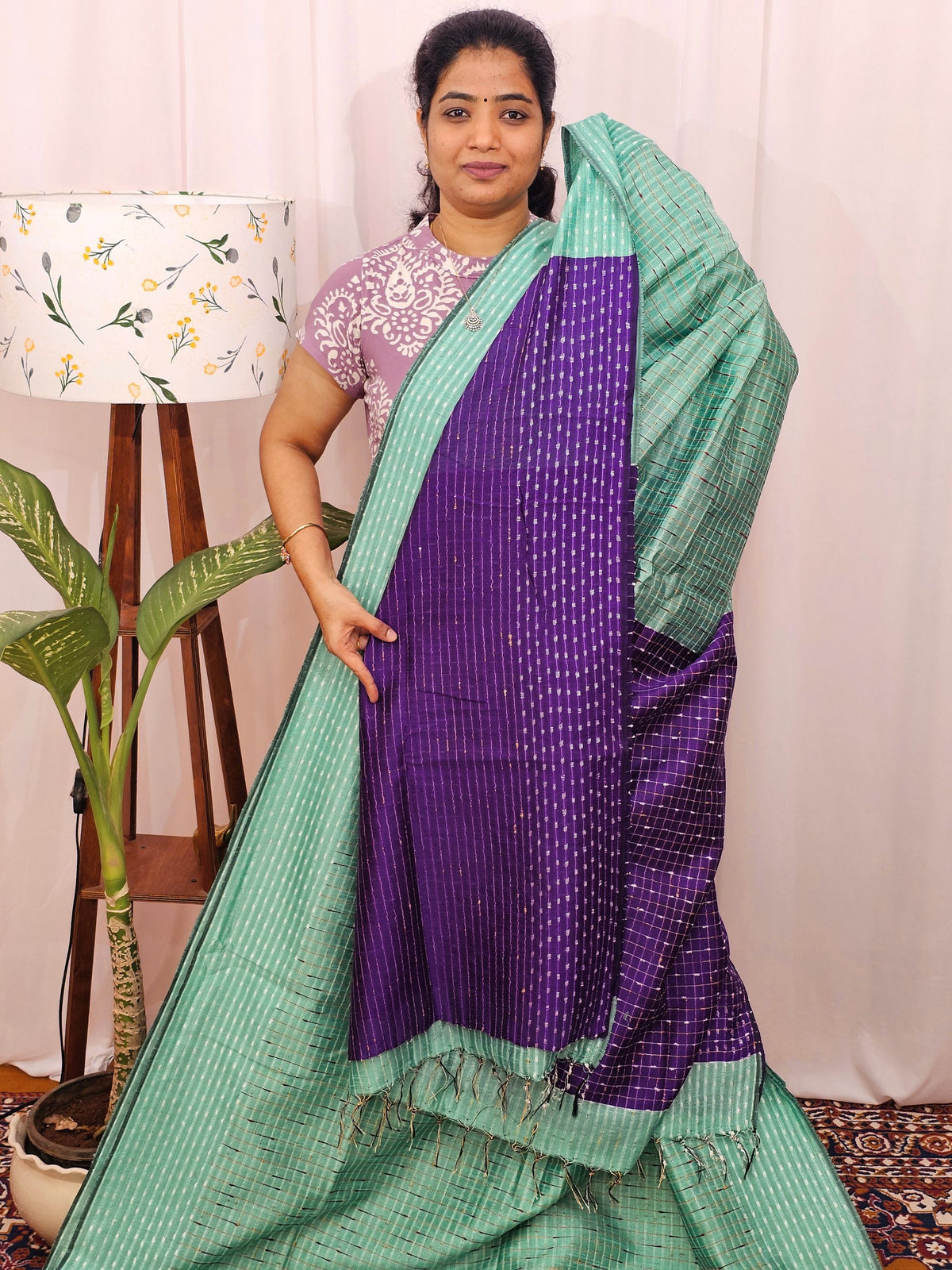 Semi Raw Silk Saree - Sea Blue with Purple