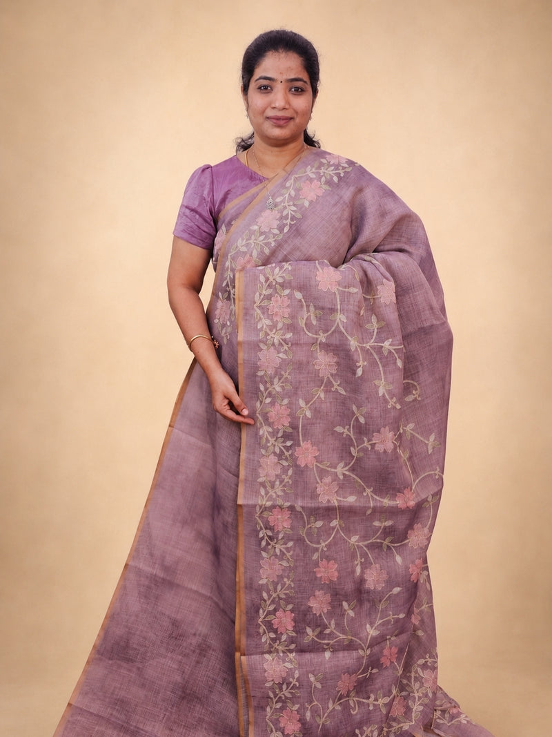 Linen Tissue with Aari Work - Dusty Mauve / Lilac