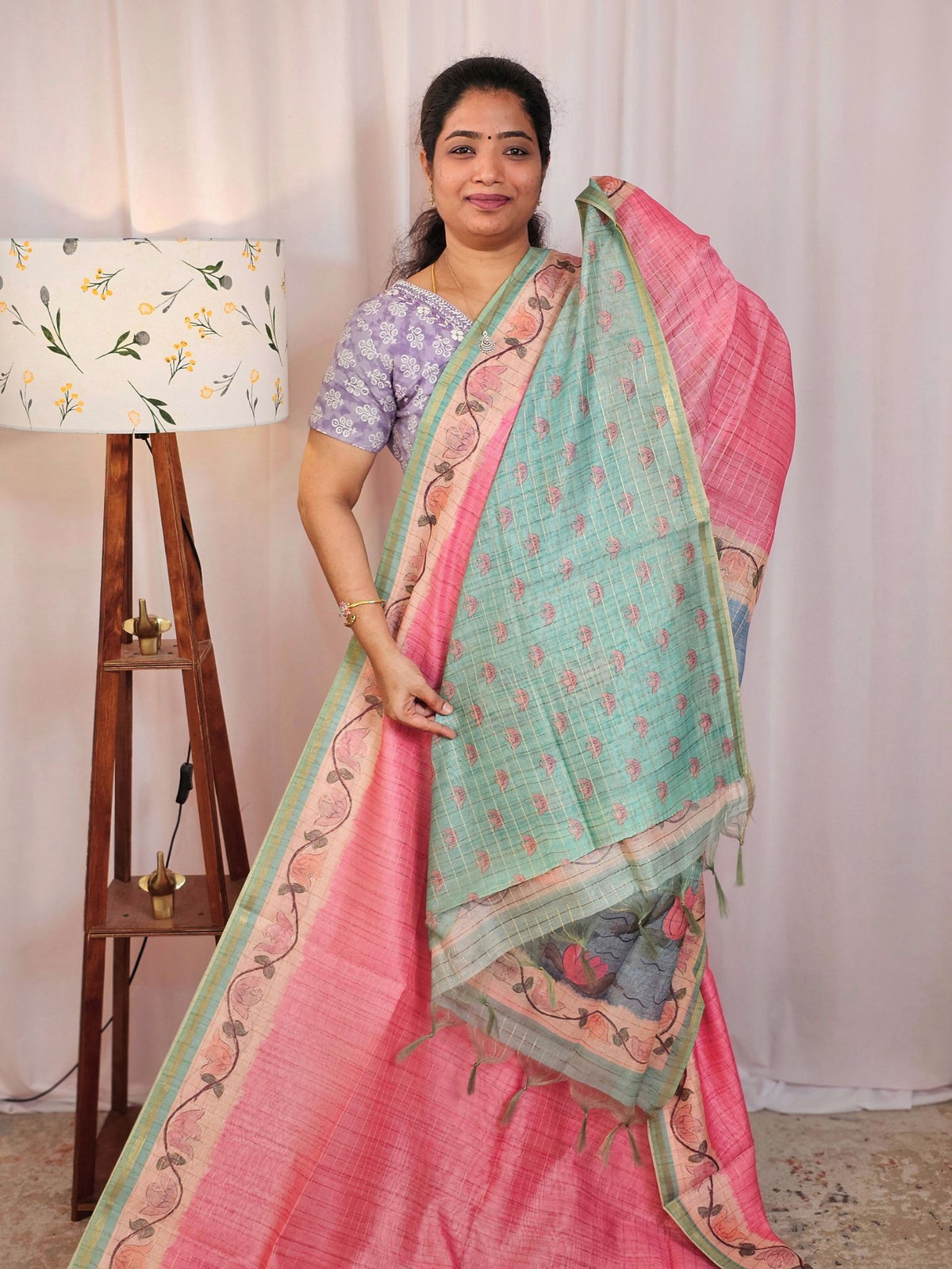 Chanderi Saree with Zari Border - Pink with Sea Green