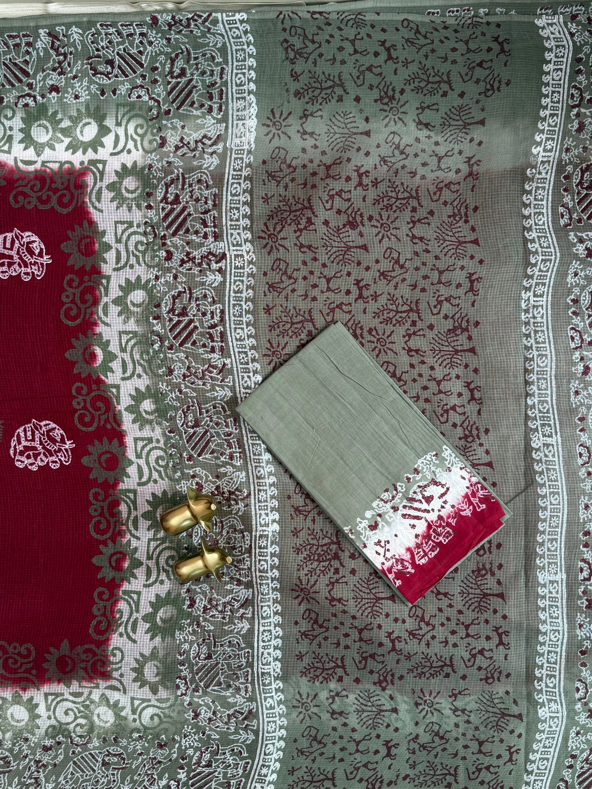 Pure Cotton with Checks Hand Block Prints - Red with Grey