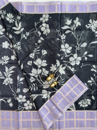 Premium Soft Semi Tussar Kota Weaving with Digital Prints - Black with Lavender