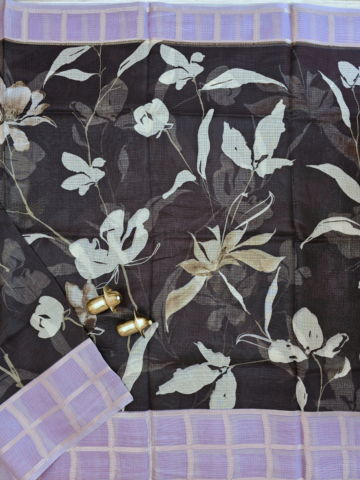 Premium Soft Semi Tussar Kota Weaving with Digital Prints - Black with Purple