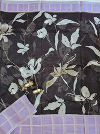 Premium Soft Semi Tussar Kota Weaving with Digital Prints - Black with Purple