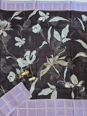 Premium Soft Semi Tussar Kota Weaving with Digital Prints - Black with Purple