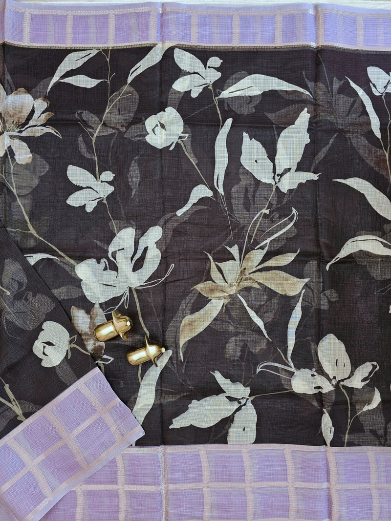 Premium Soft Semi Tussar Kota Weaving with Digital Prints - Black with Purple