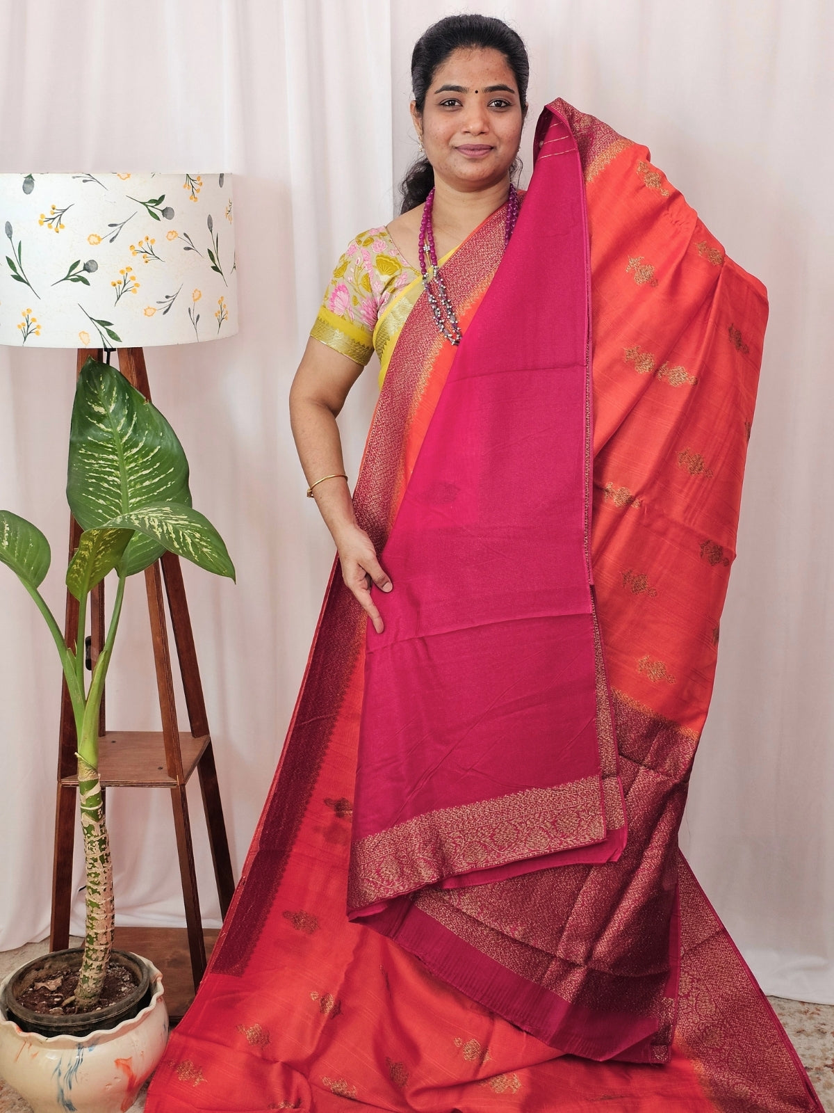 Jute Banarasi Silk Saree - Orange with Pink