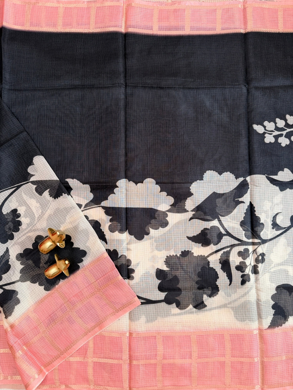 Premium Soft Semi Tussar Kota Weaving with Digital Prints - Cream with Peach