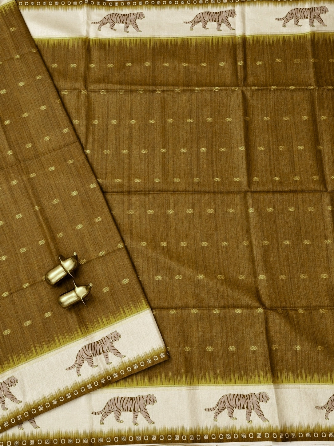 Soft Semi Tussar with Digital Prints and Beautiful Aari Work - Mehndi Green with Cream