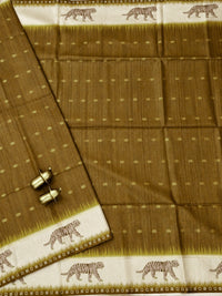Soft Semi Tussar with Digital Prints and Beautiful Aari Work - Mehndi Green with Cream