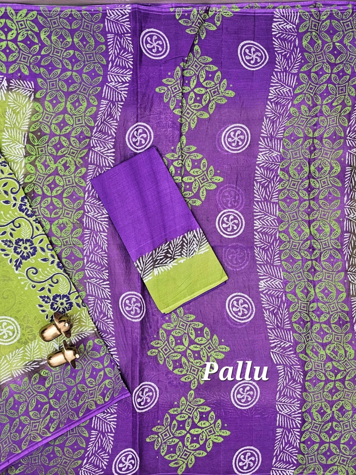 Pure Cotton with Hand Block Prints - Green with Purple