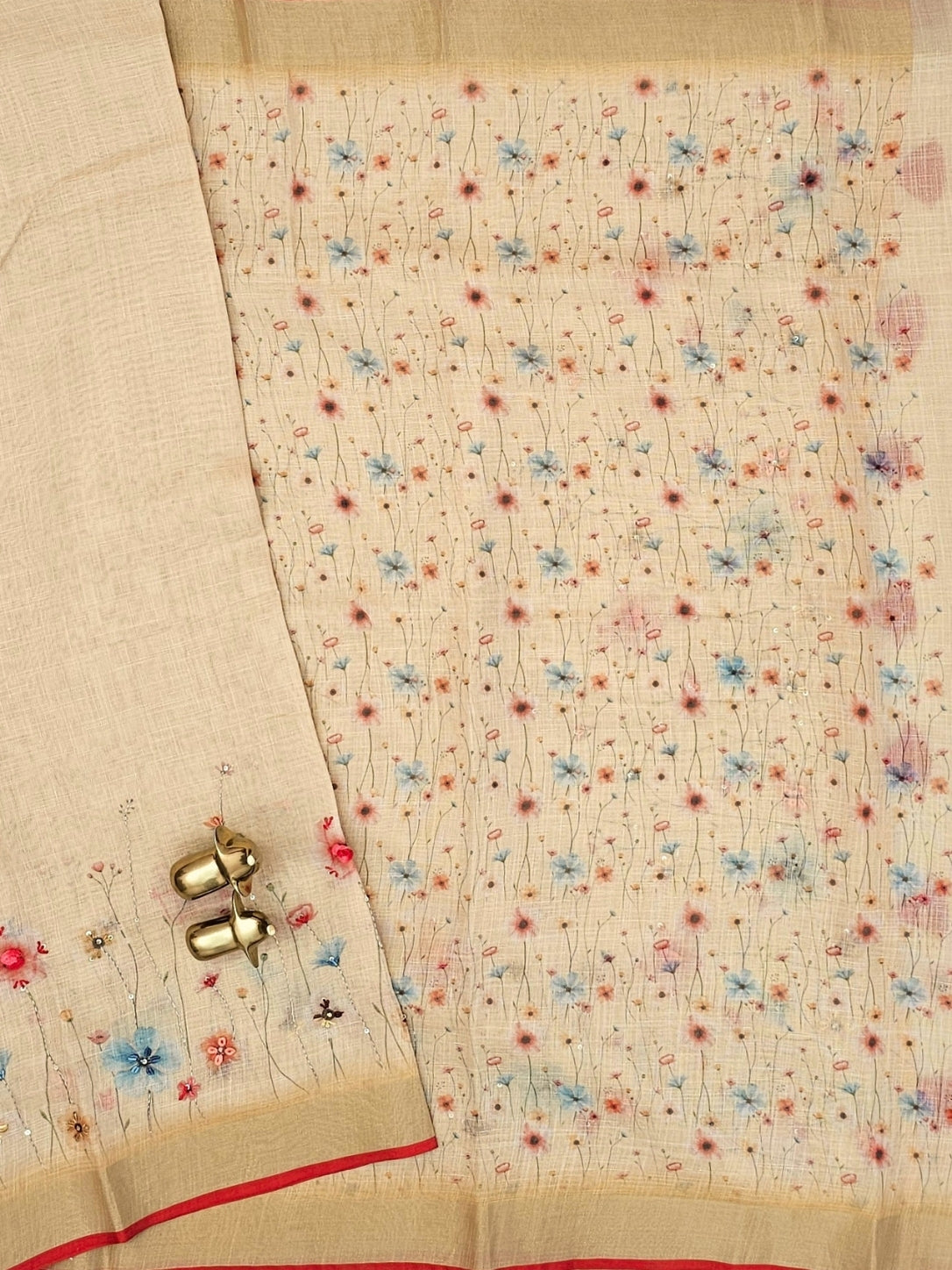 Linen Tissue Hand Brushed Floral Pattern with Thread Knot Work Sarees -  Pastel Yellow