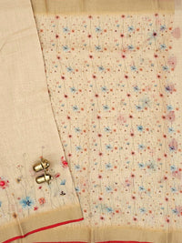 Linen Tissue Hand Brushed Floral Pattern with Thread Knot Work Sarees -  Pastel Yellow