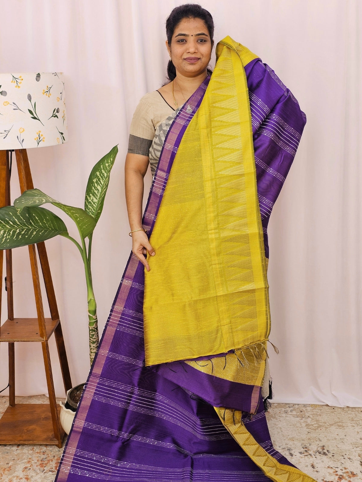 Semi Raw Silk Saree - Purple with Yellow
