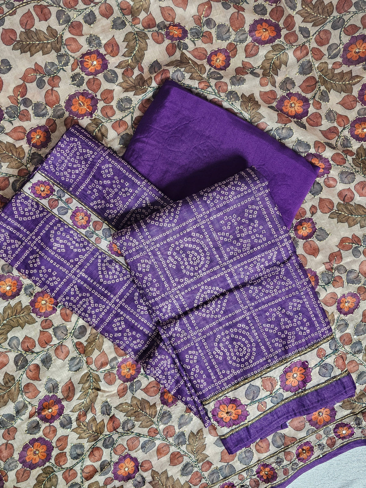 Chanderi with Kantha Unstitched Salwar Suit - Purple