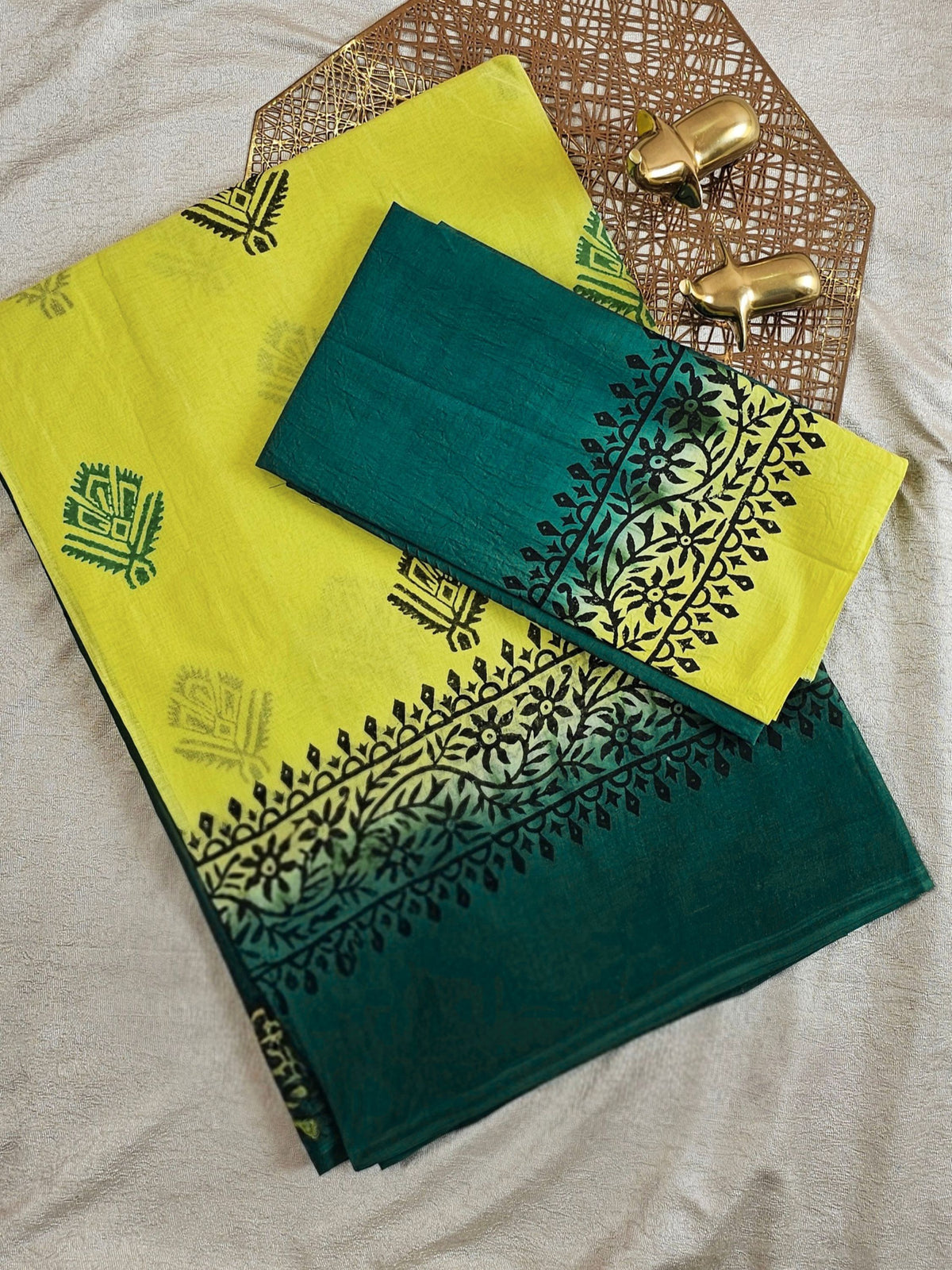 Pure Cotton with Hand Block Prints - Lemon Yellow with Peacock Green