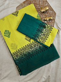 Pure Cotton with Hand Block Prints - Lemon Yellow with Peacock Green