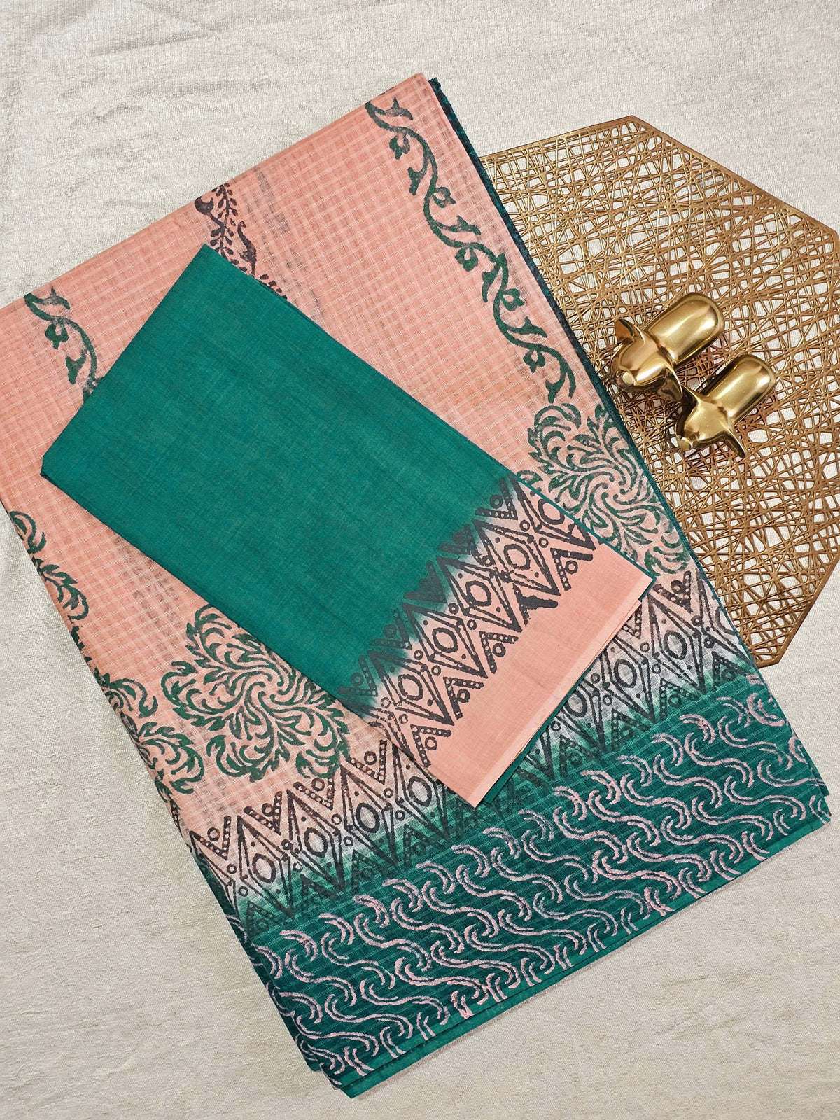 Pure Cotton with Checks Hand Block Prints - Peachish Pink with Sea Green