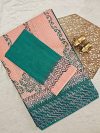 Pure Cotton with Checks Hand Block Prints - Peachish Pink with Sea Green