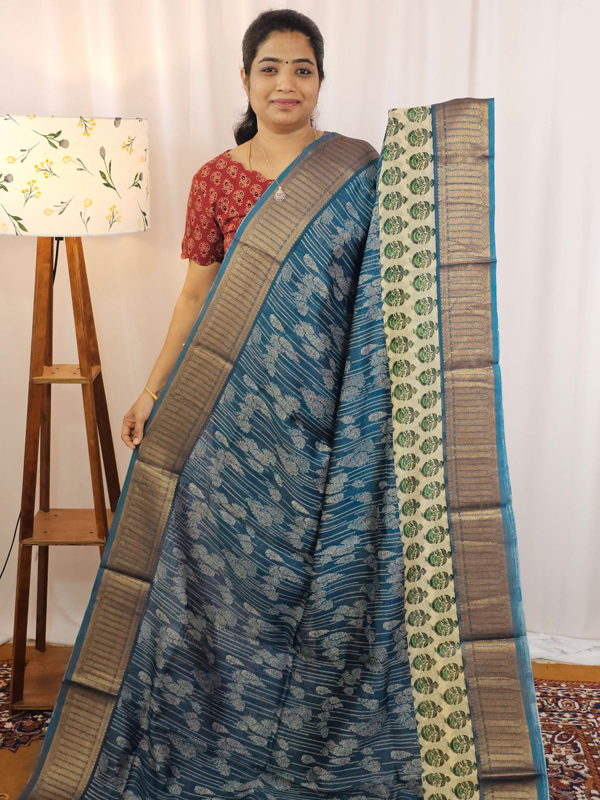 Pure Chanderi Butter Silk - Cobalt Blue with Cream
