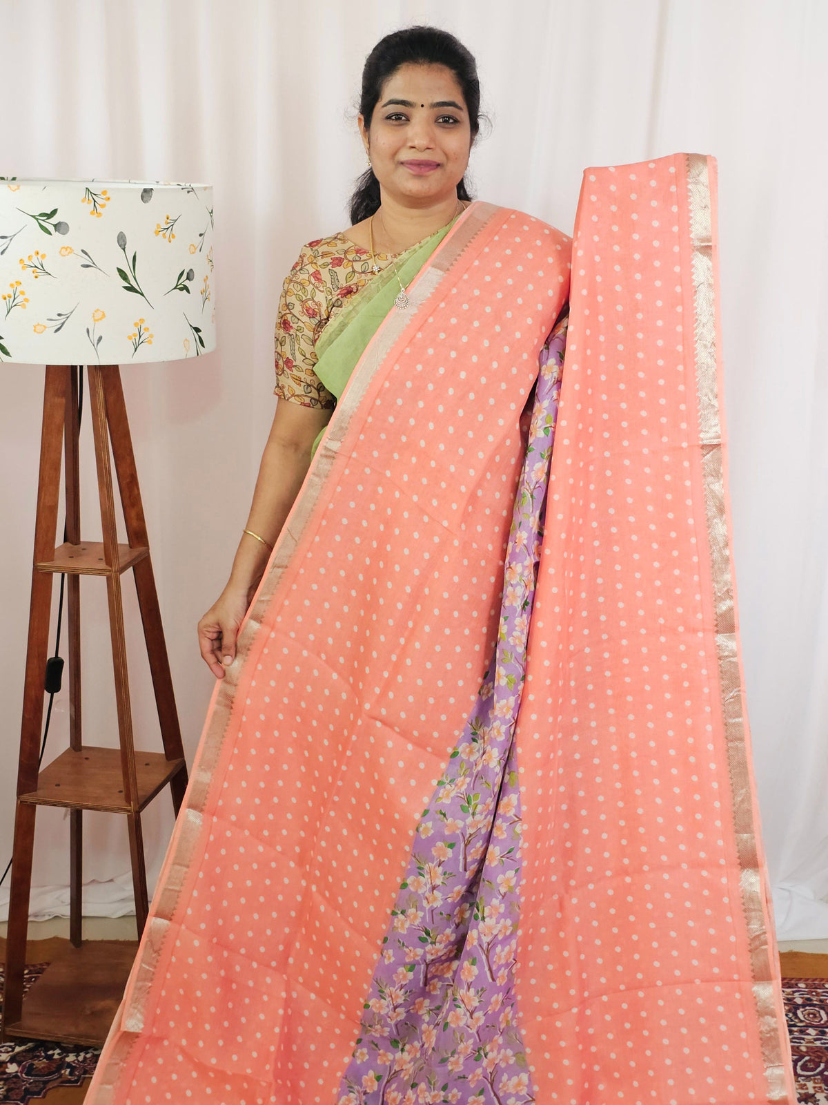 Handwoven Mangalagiri Pattu Saree with Digital Prints  - Lavender with Peach