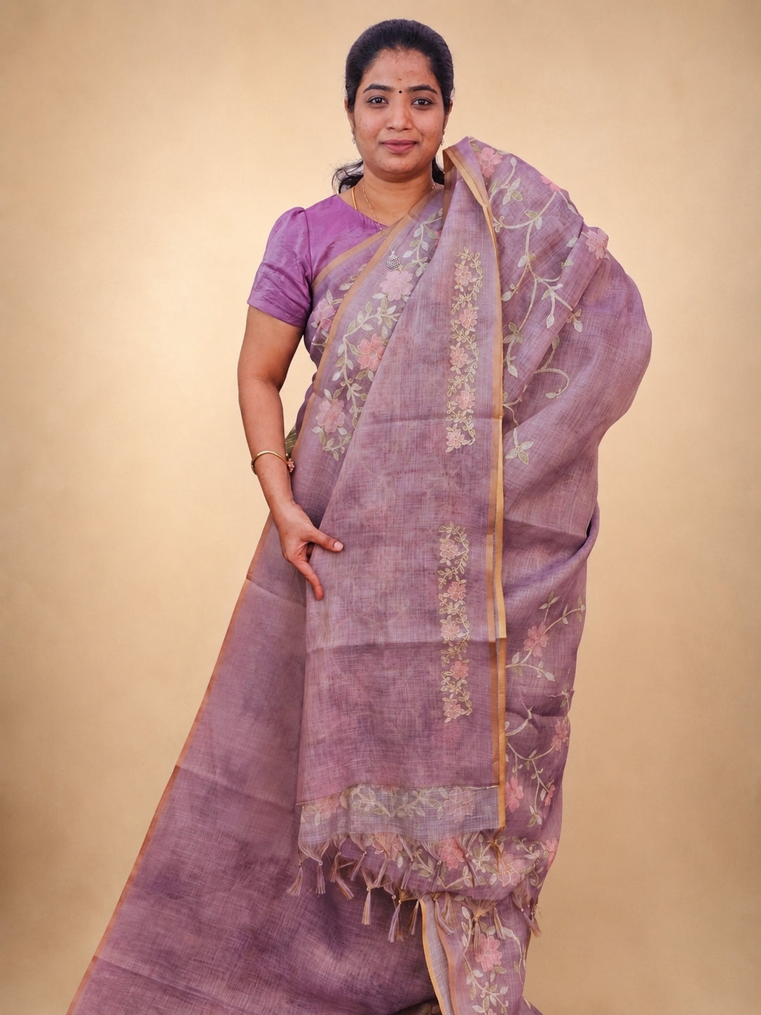 Linen Tissue with Aari Work - Dusty Mauve / Lilac