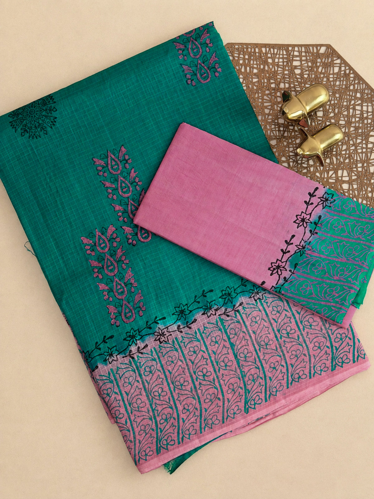 Pure Cotton with Checks Hand Block Prints - Green with Pink
