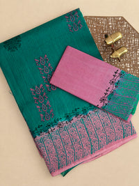 Pure Cotton with Checks Hand Block Prints - Green with Pink