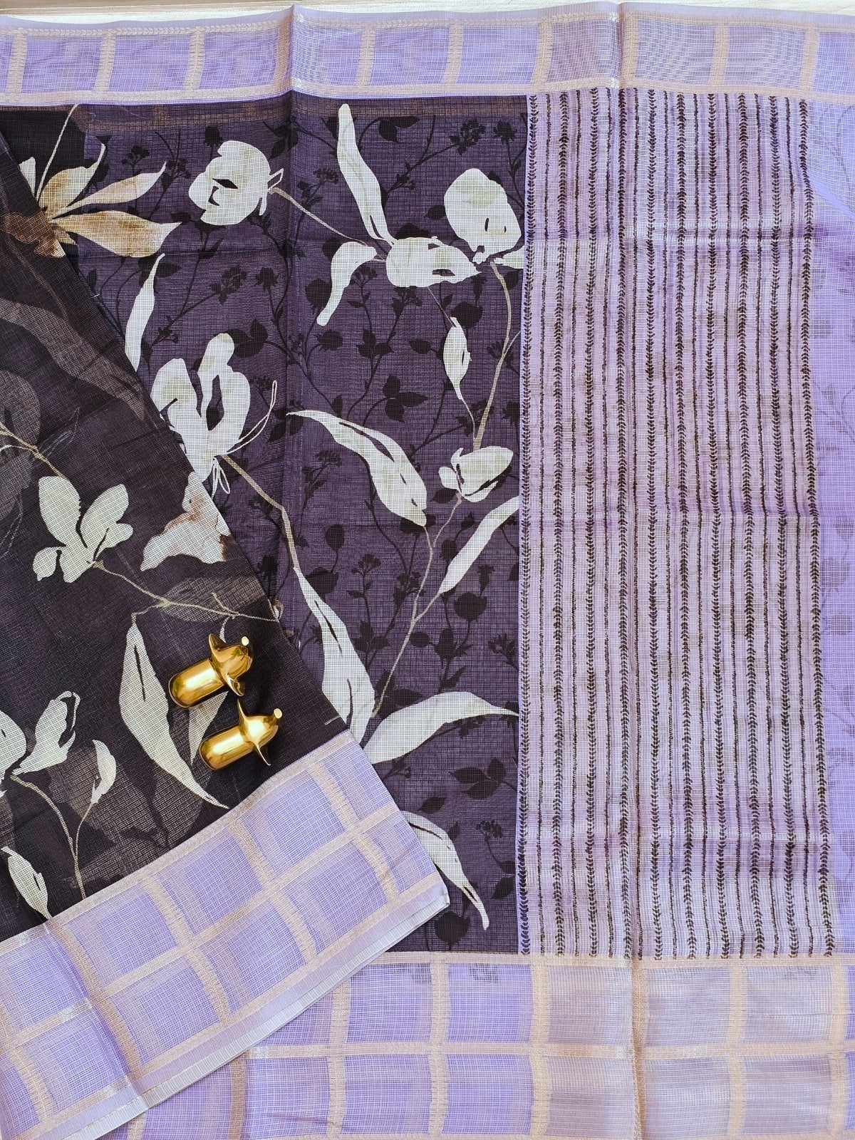 Premium Soft Semi Tussar Kota Weaving with Digital Prints - Black with Purple