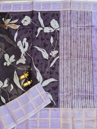 Premium Soft Semi Tussar Kota Weaving with Digital Prints - Black with Purple