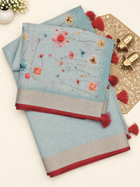 Linen Tissue Hand Brushed Floral Pattern with Thread Knot Work Sarees -  Pastel Blue