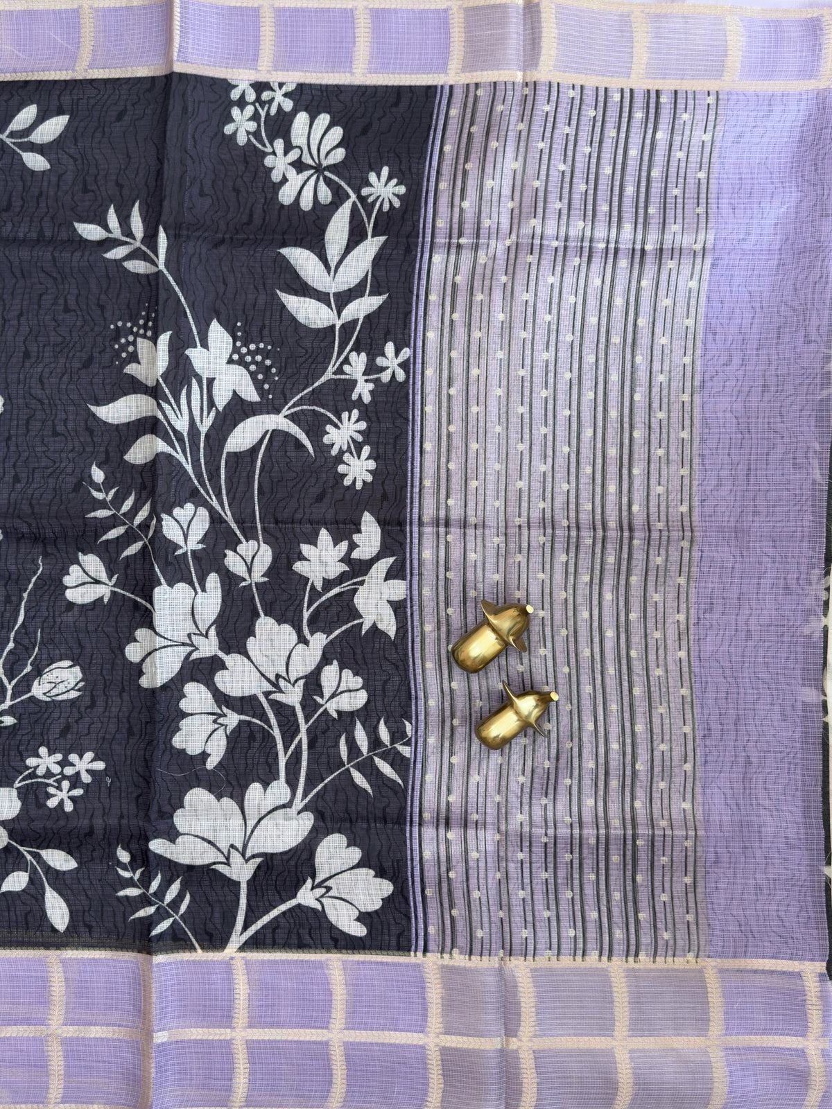 Premium Soft Semi Tussar Kota Weaving with Digital Prints - Black with Lavender