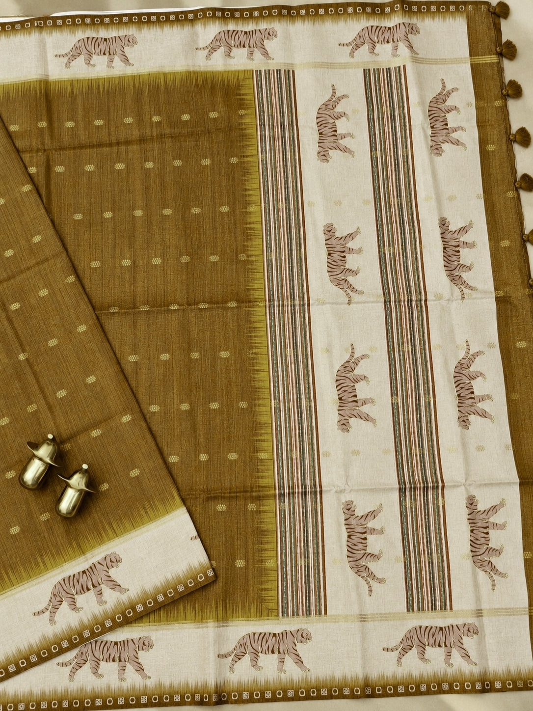 Soft Semi Tussar with Digital Prints and Beautiful Aari Work - Mehndi Green with Cream